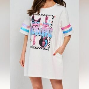 Fantastic Fawn White mini  Dress with Colorful Graphic and Striped Sleeves